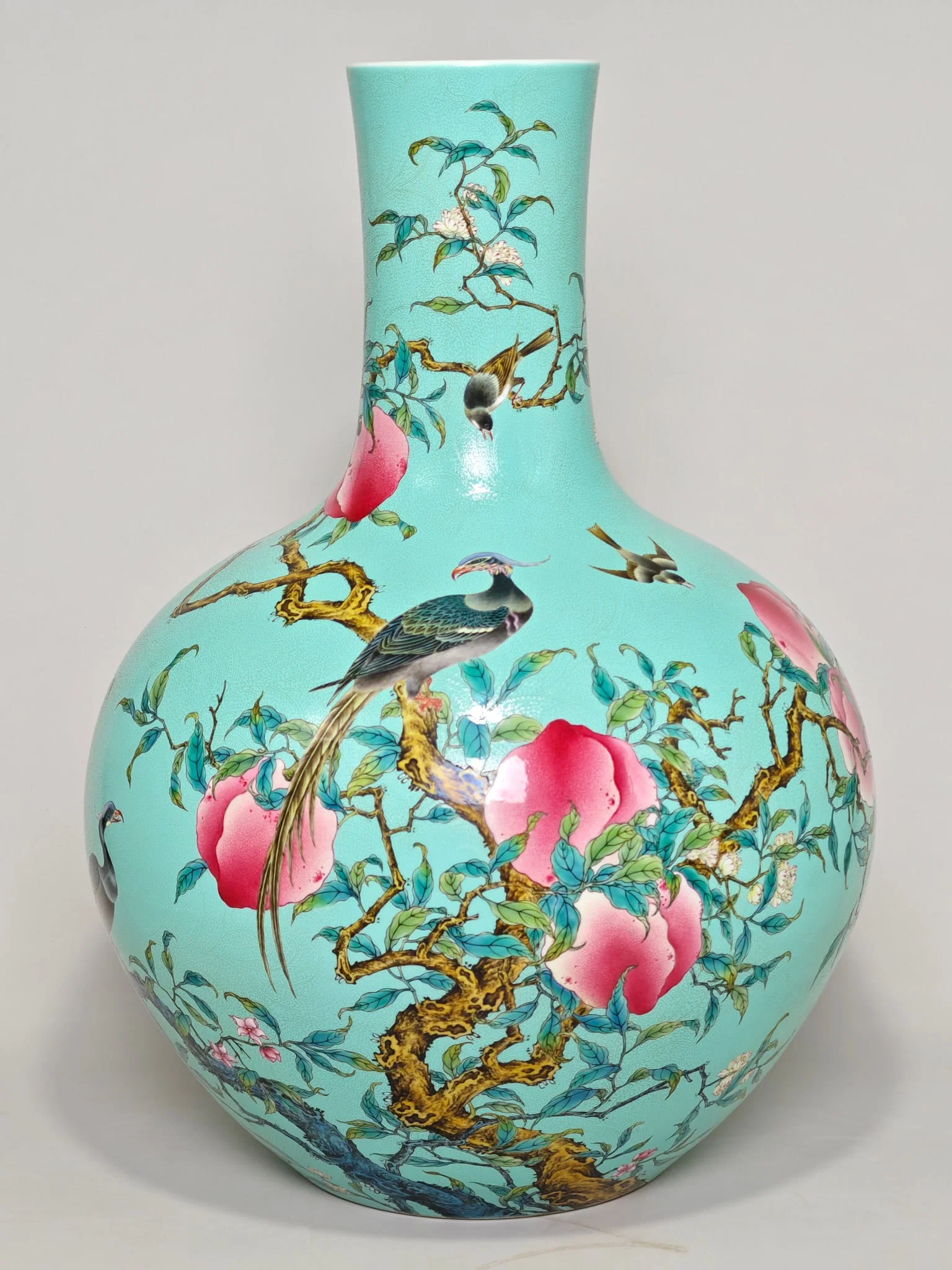 A Huge Enamel Turquoise Glazed Flower and Fruit Pattern Vase