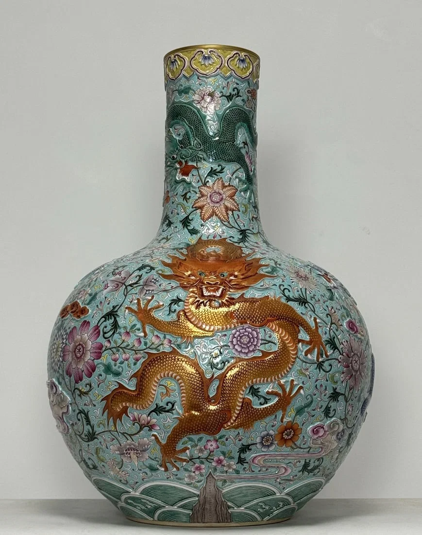A Huge Enamel Turquoise Ground Painted Gold Lotus and Dragon Pattern Vase