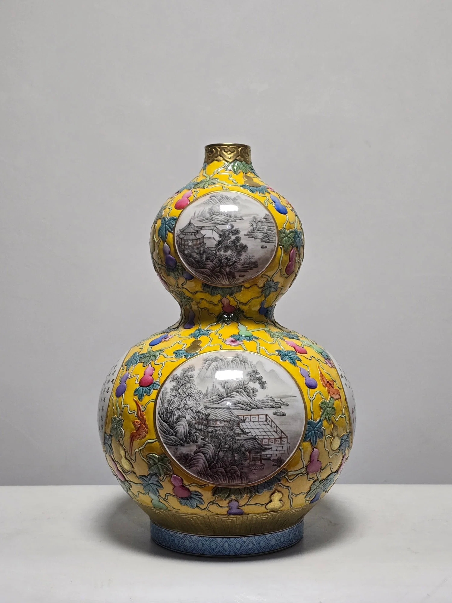 A Huge Enamel Yellow Ground Ink Color Painted Gold Landscape?Bats and Gourd Pattern Gourd