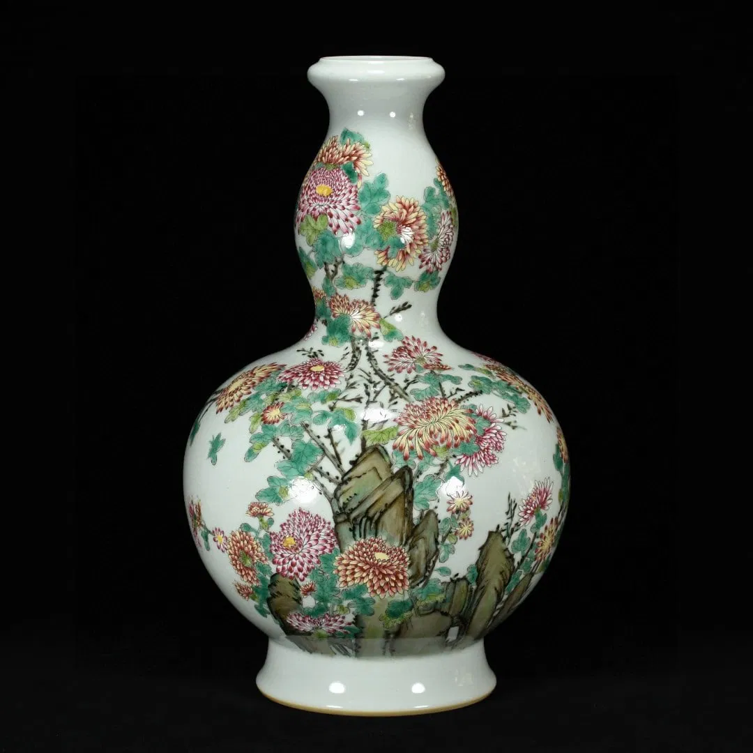 A Huge Famille-Rose Chrysanthemum Pattern Gourd-Shaped Vase,With Poem