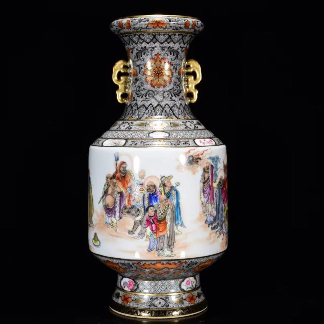 A Huge Famille-Rose Gilt Arhat Pattern Double-Ears Vase,With Poem