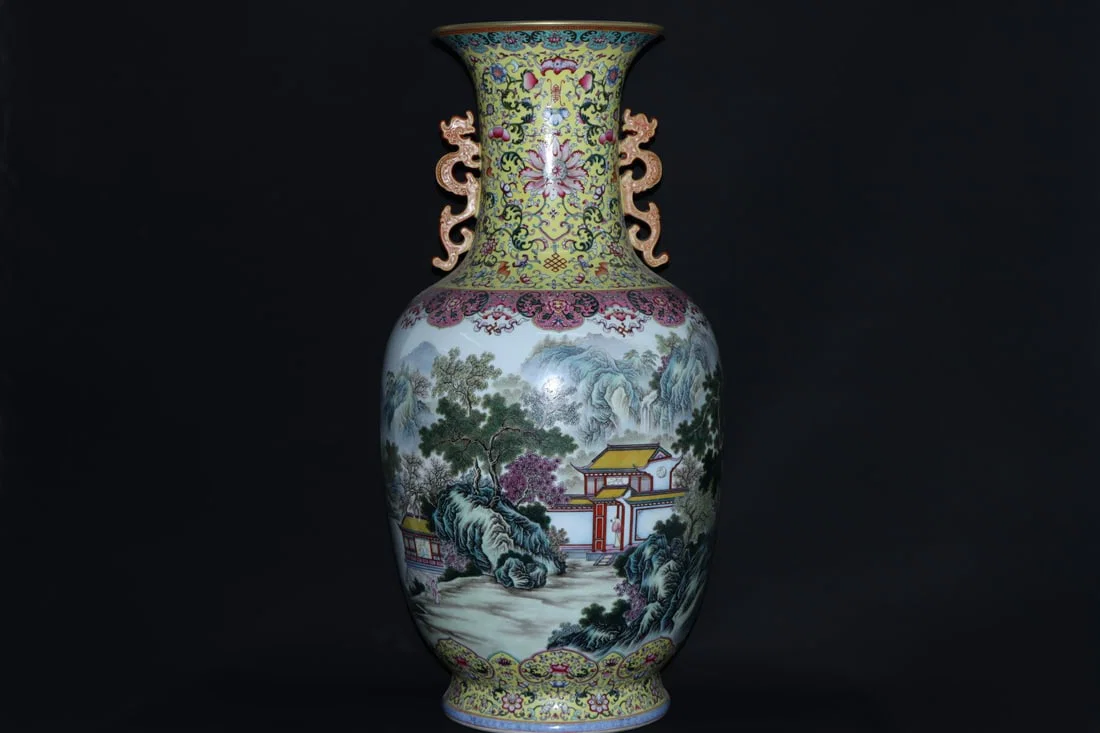 A Huge Famille-Rose Landscape and Figure Pattern Double-Ears Vase