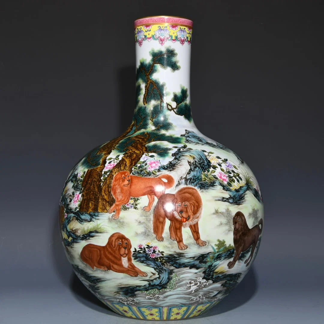 A Huge Famille-Rose Painted Gold Landscape and Lion Pattern Vase,With Poem