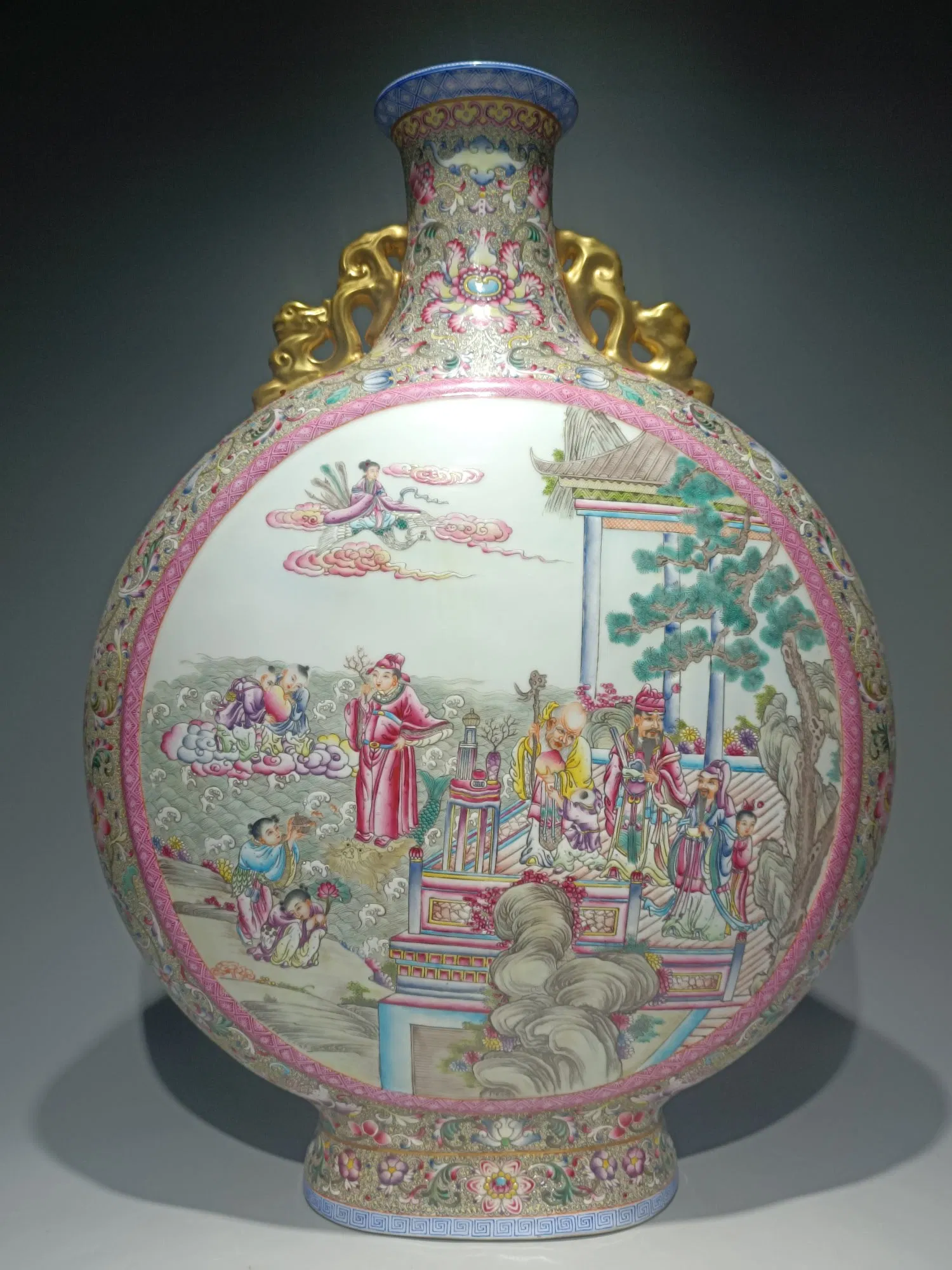 A Huge Famille-Rose Yellow Ground Lotus?Character and Story Pattern Dragon-Ears Vase