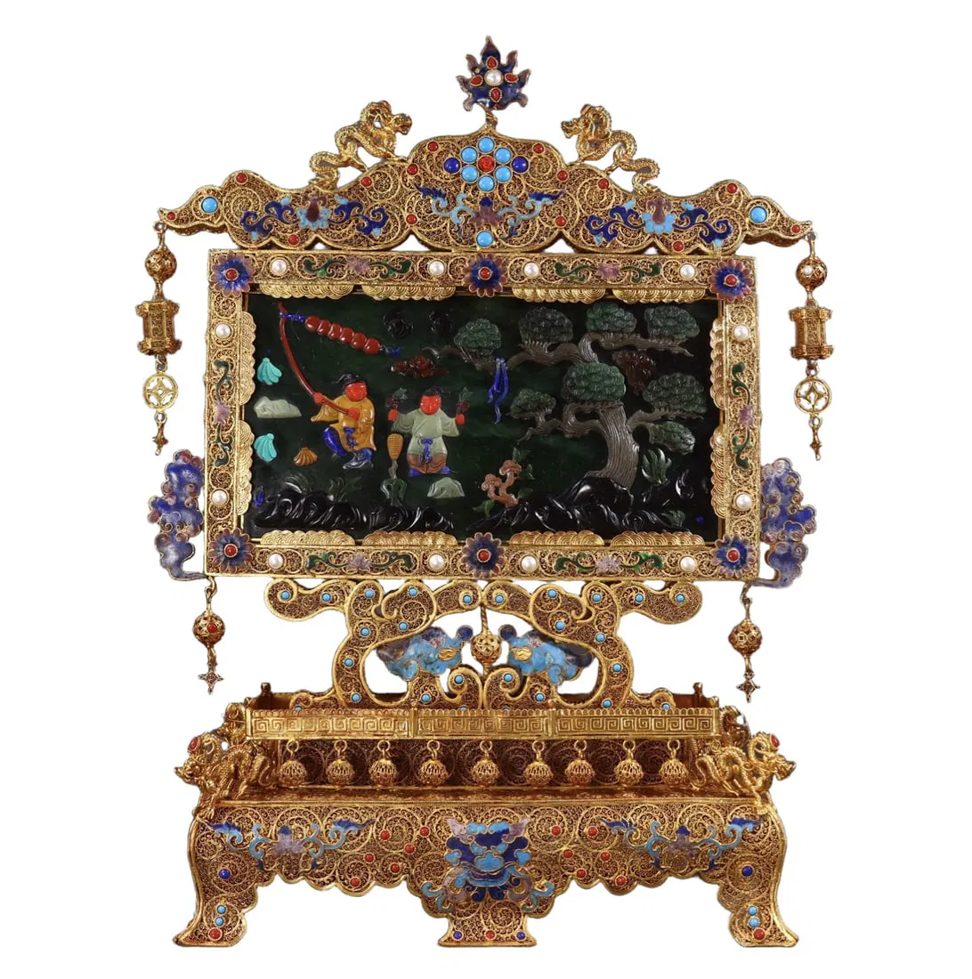 A Huge Filigree and Gilding Inlaid Jasper Figure and Dragon Pattern Screen,Inlaid Gems and Pearls