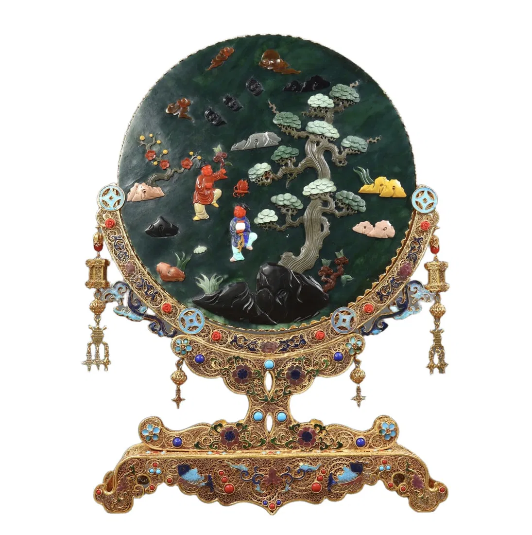 A Huge Filigree and Gilding Inlaid Jasper Landscape and Figure Pattern Screen,Inlaid Gems