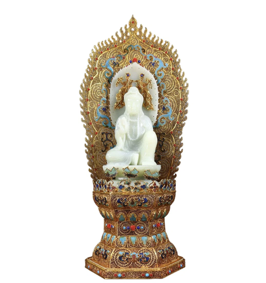 A Huge Filigree and Gilding Inlaid White Jade Buddha Statue,Inlaid Gems and Turquoise