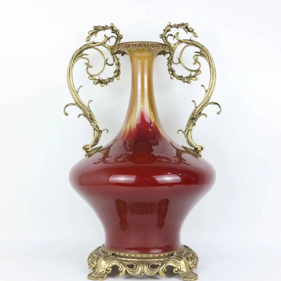 A Huge Flambe Glazed Inlaid Bronze Double-Ears Vase