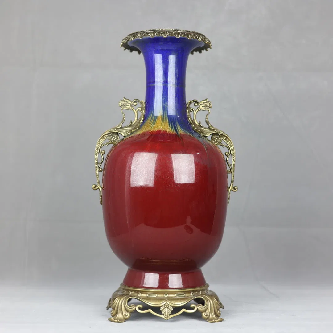 A Huge Flambe Glazed Inlaid Bronze Dragon-Ears Vase
