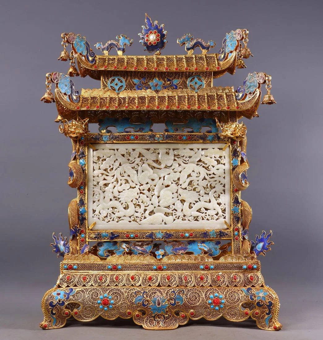 A Huge Flower silk gold-plated Inlaid White Jade Dragon and Phoenix Pattern Screen,Inlaid Gems