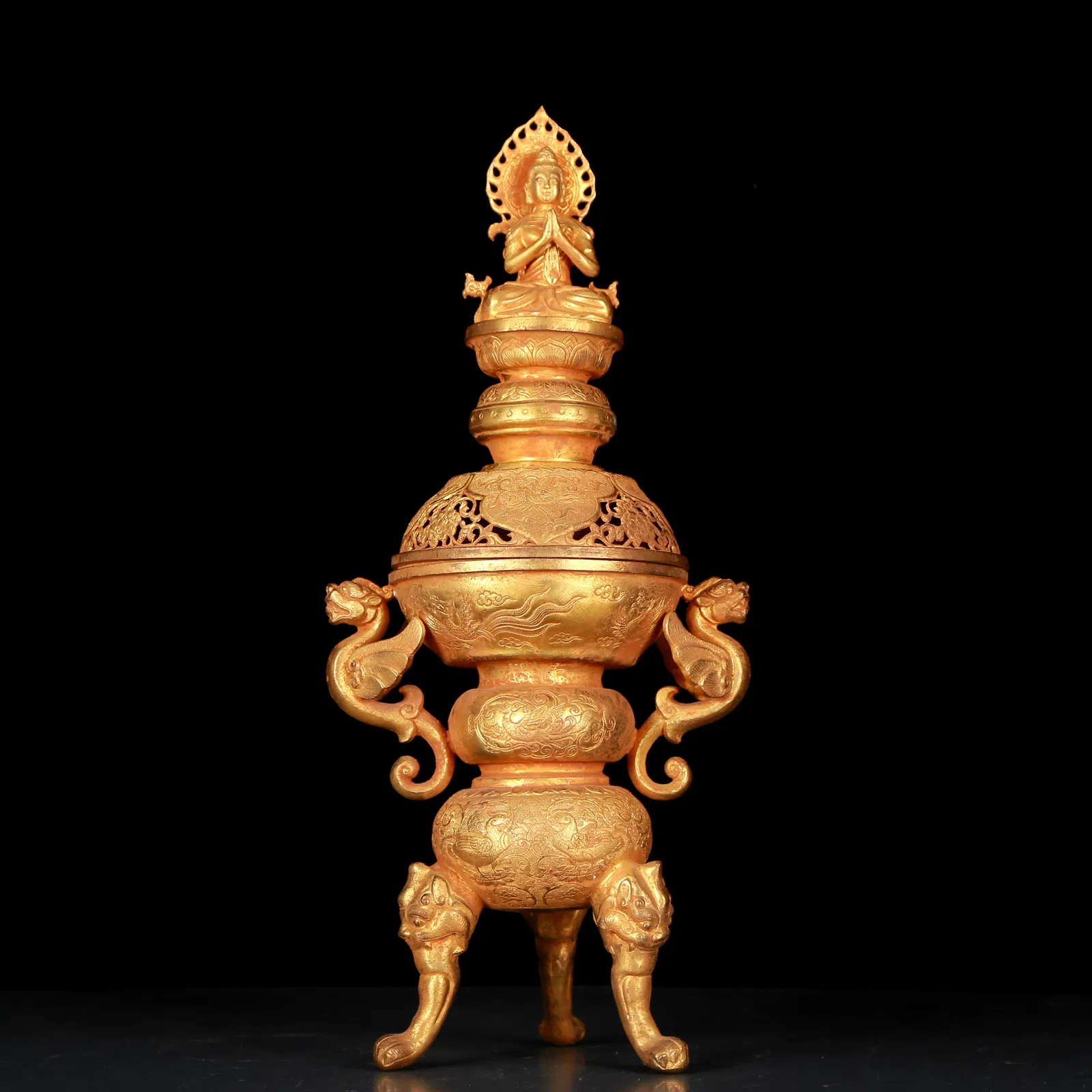 A Huge Gilt Bronze Auspicious Beast Pattern Double-ears Tripod Censer
