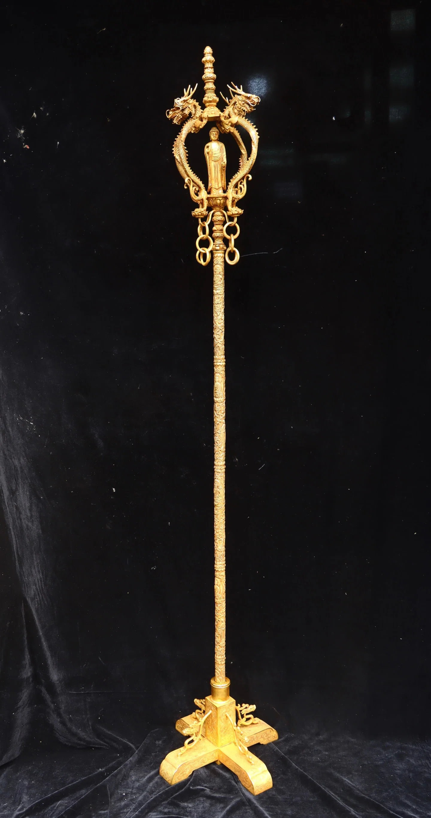 A Huge Gilt Bronze Buddha Statue Dragon Pattern Buddhist monk's staff