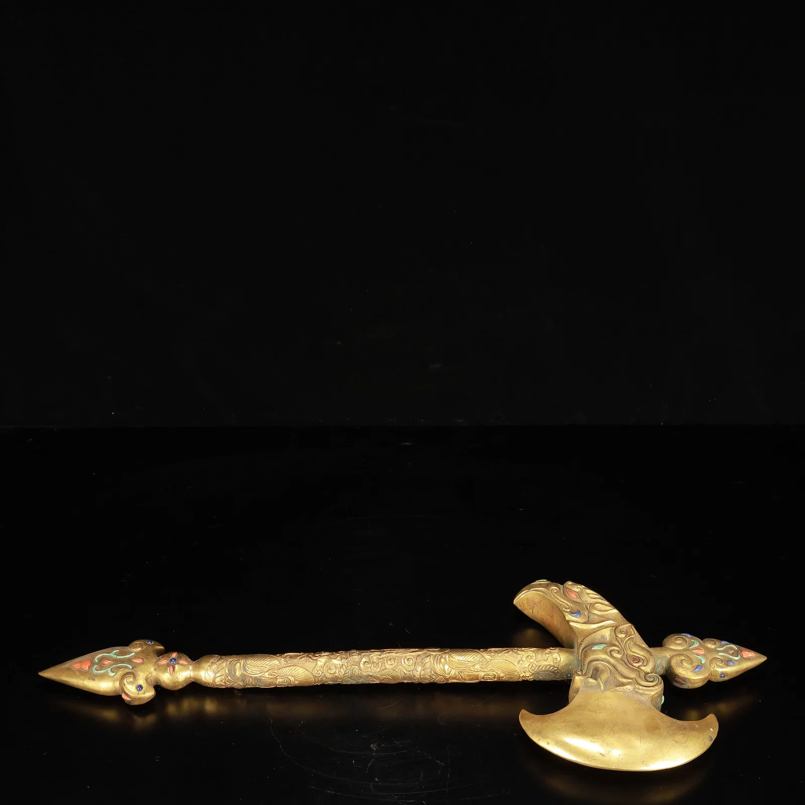 A Huge Gilt Bronze Buddha Statue Pattern Axe Ornament,Inlaid Gems