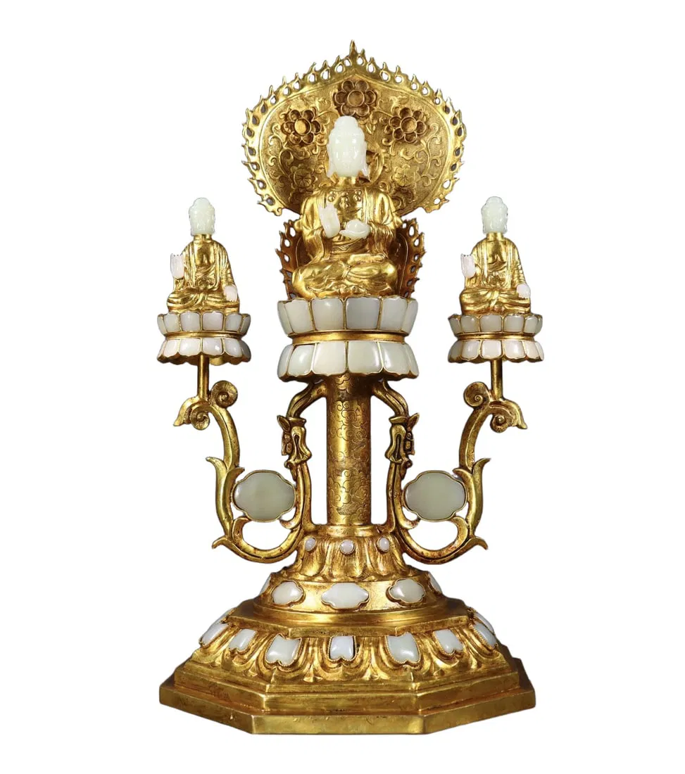 A Huge Gilt Bronze Inlaid White Jade Buddha Statue