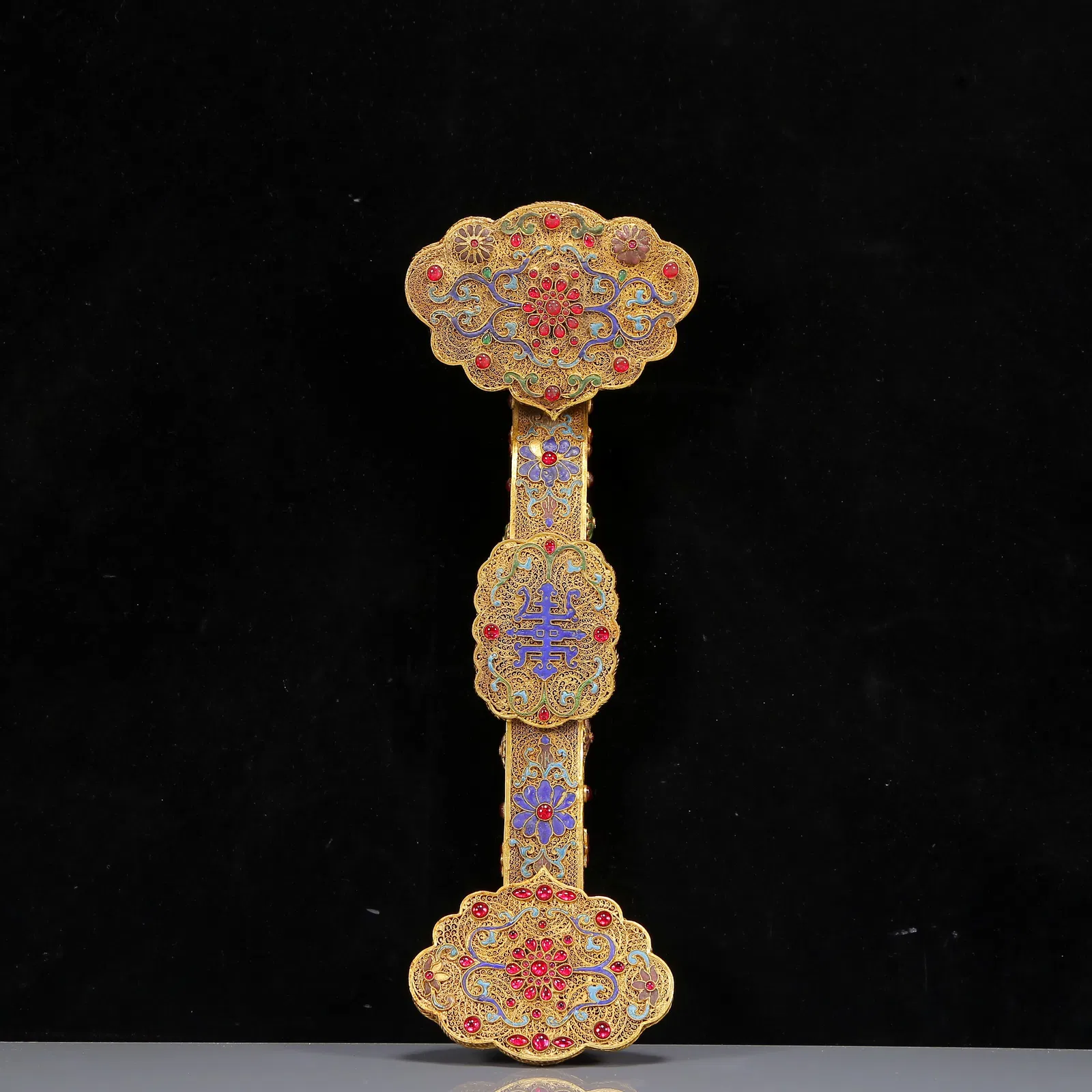 A Huge Gilt Inlaid Gems Eight Treasures Pattern Ruyi