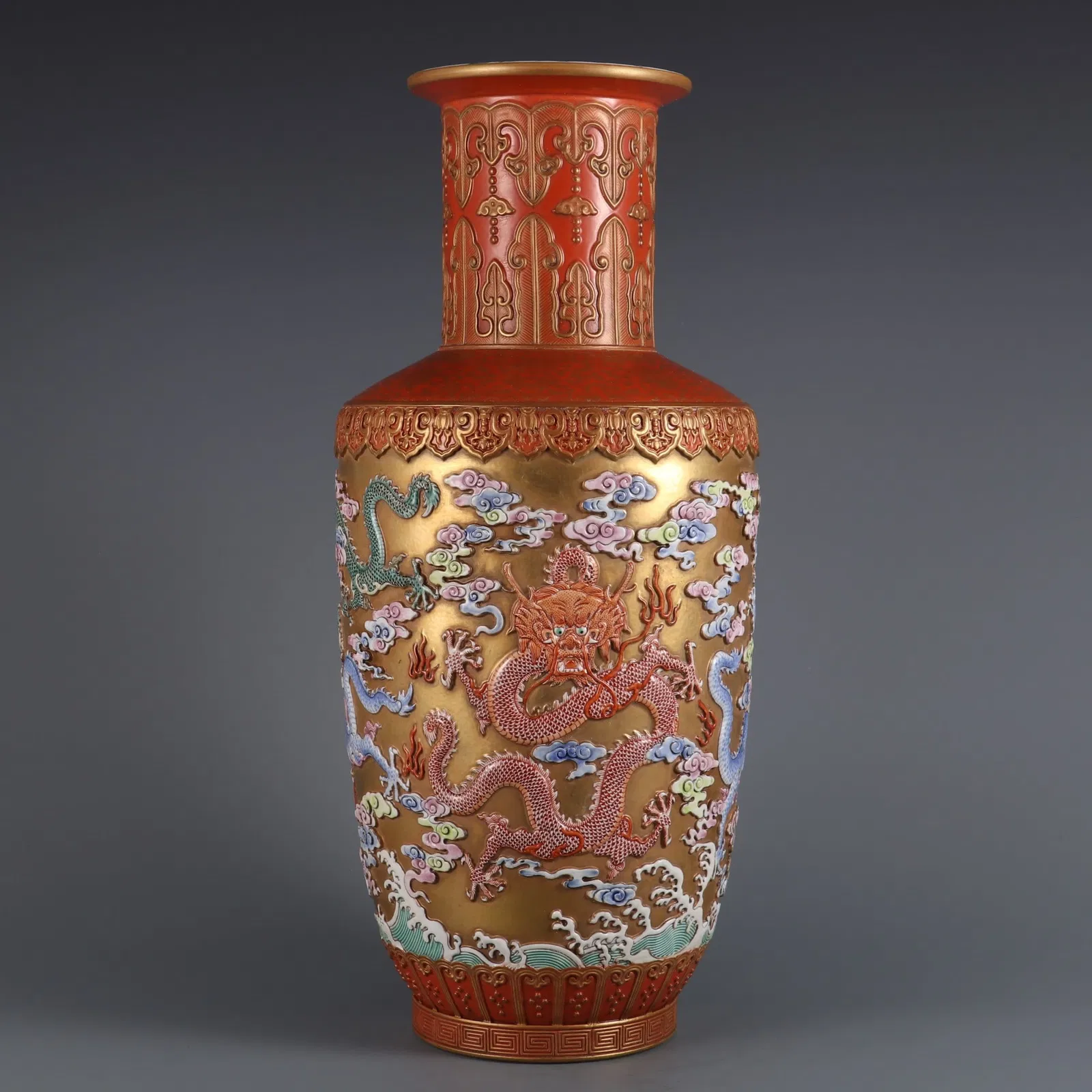 A Huge Gold Ground Famille-Rose Auspicious Cloud and Dragon Pattern Vase