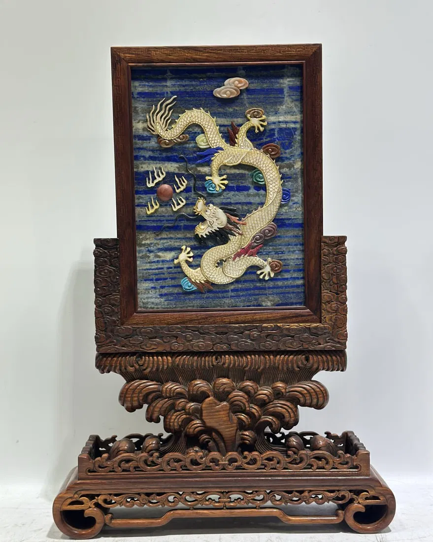 A Huge Huanghuali wood Auspicious Cloud and Dragon Pattern Screen,Inlaid Gems