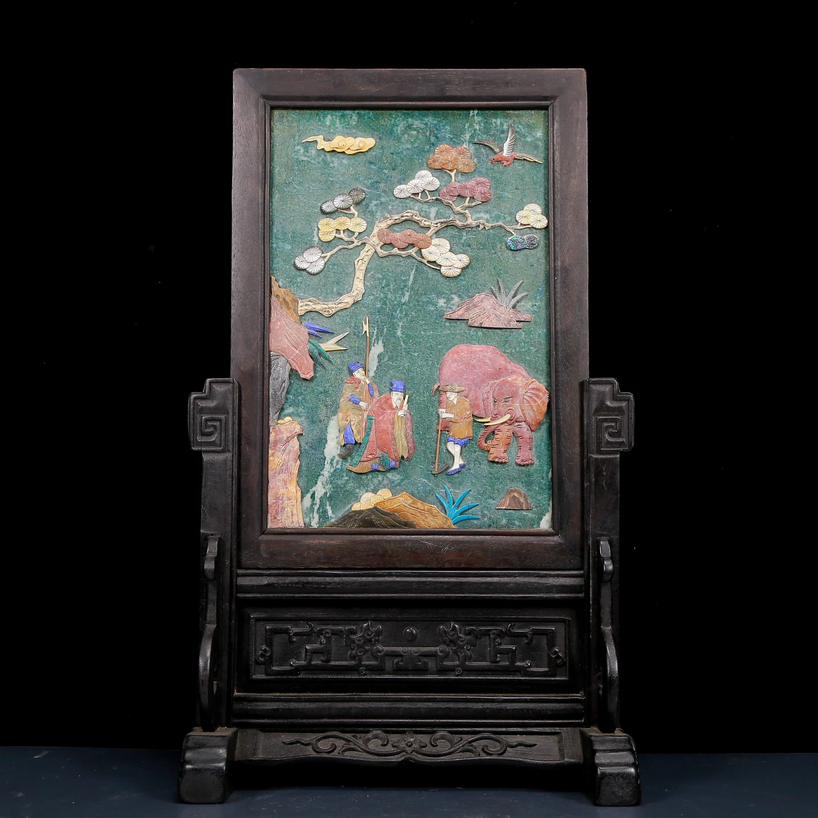A Huge Limestone Inlaid Gems Character and Story Pattern Table Screen