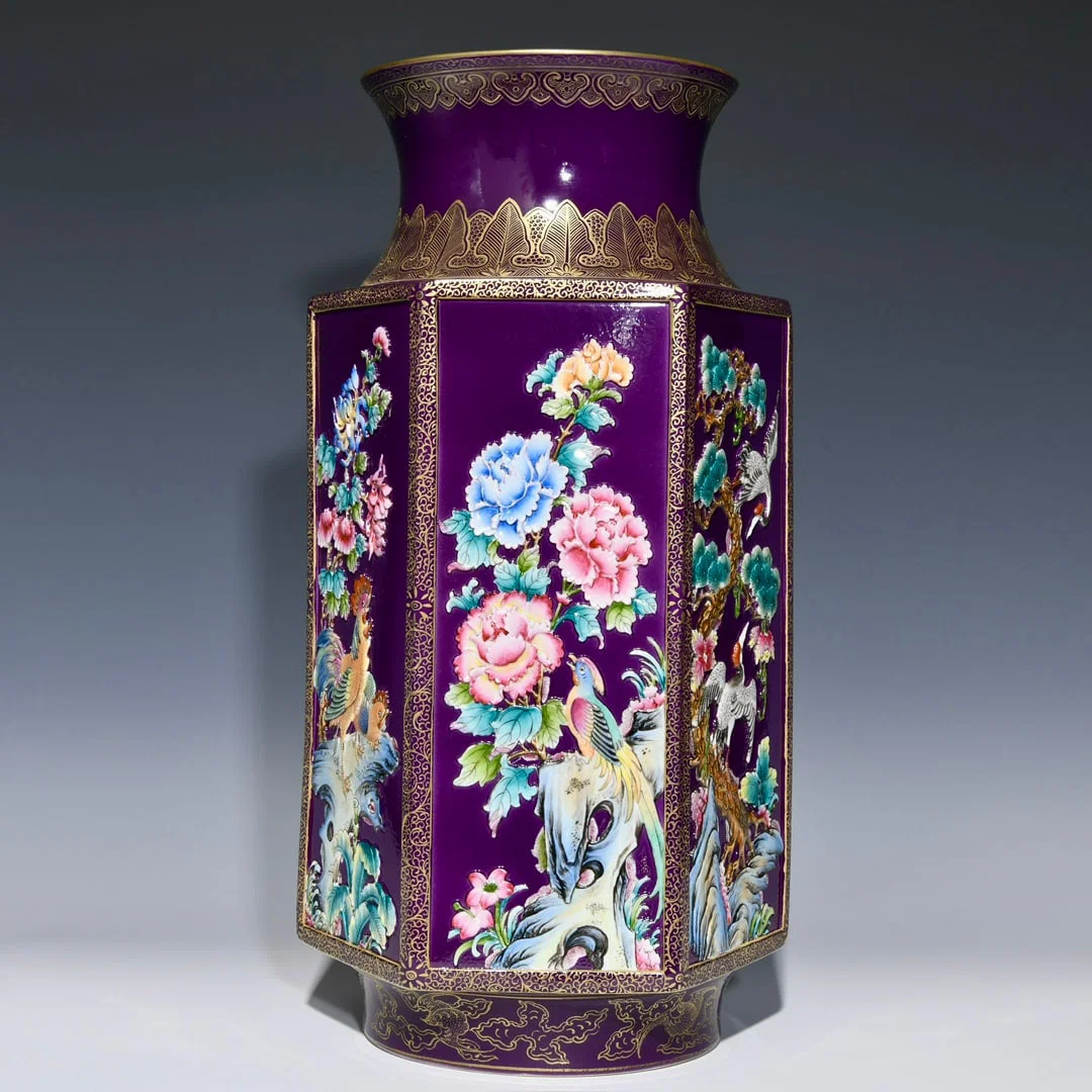 A Huge Purple Glazed Famille-Rose Painted Gold Flower and Bird Pattern Vase