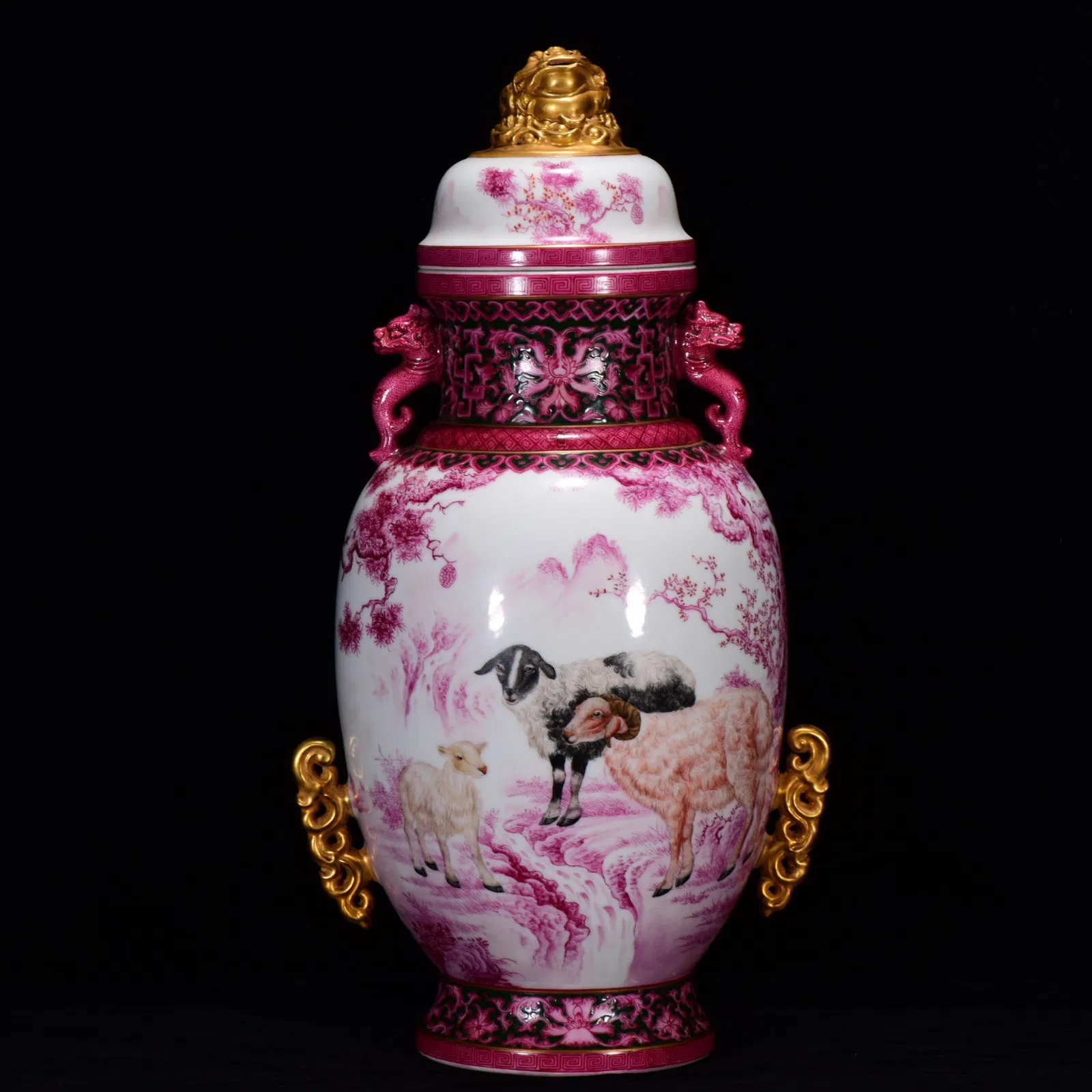 A Huge Ruby Red-Glazed Gilt Landscape and Sheep Pattern Dragon-Ears Bottle,With Poem