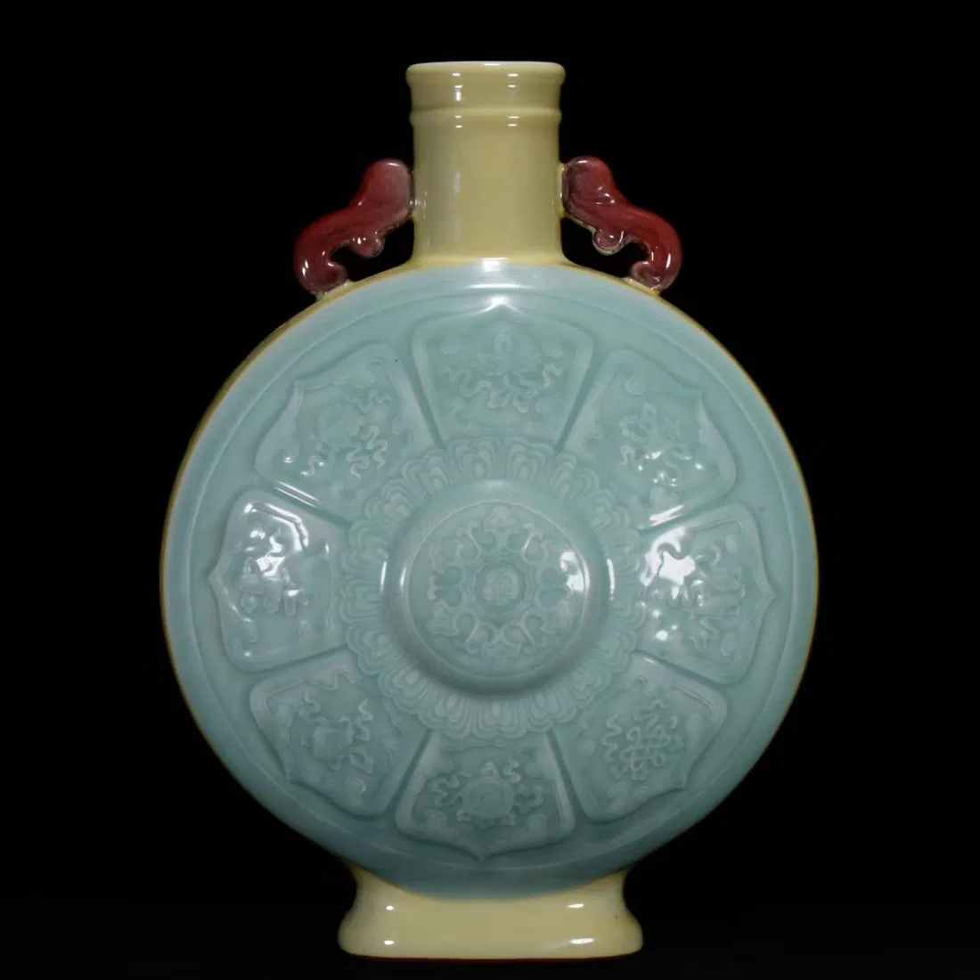 A Huge Sky Blue Glazed Eight Treasures Pattern Double-Ears Vase