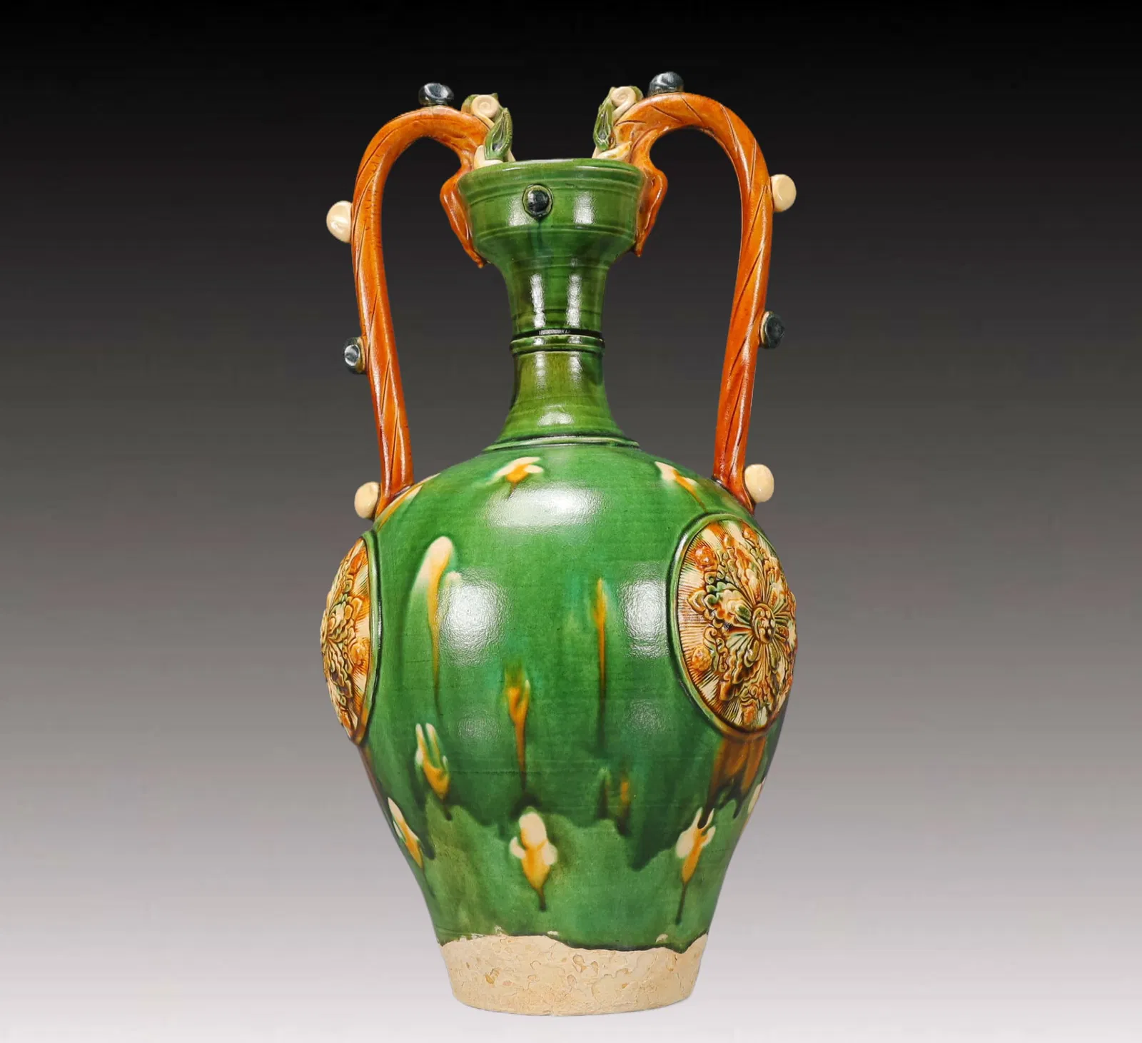 A Huge Tang Tri-Color Glazed Pottery Flower Pattern Dragon-Ears Vase