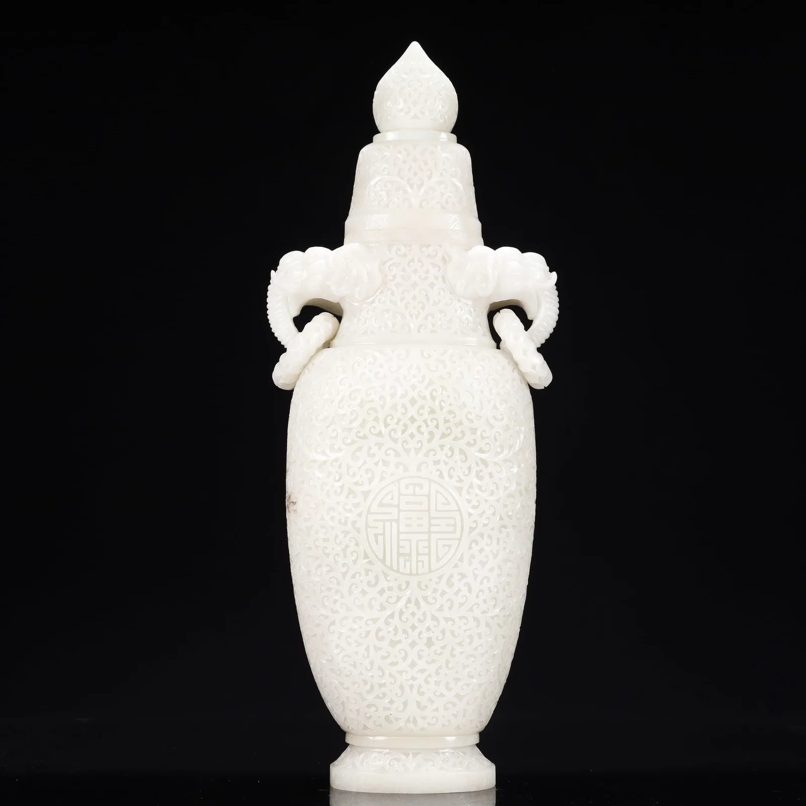 A Huge White Jade Flower Pattern Double-Ears Bottle