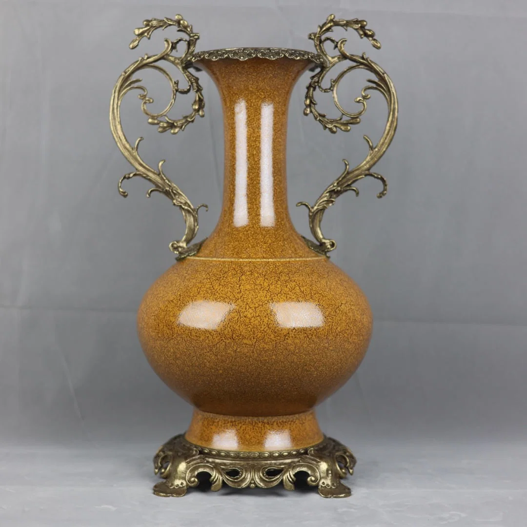 A Huge Yellow Glazed Inlaid Bronze Double-Ears Vase