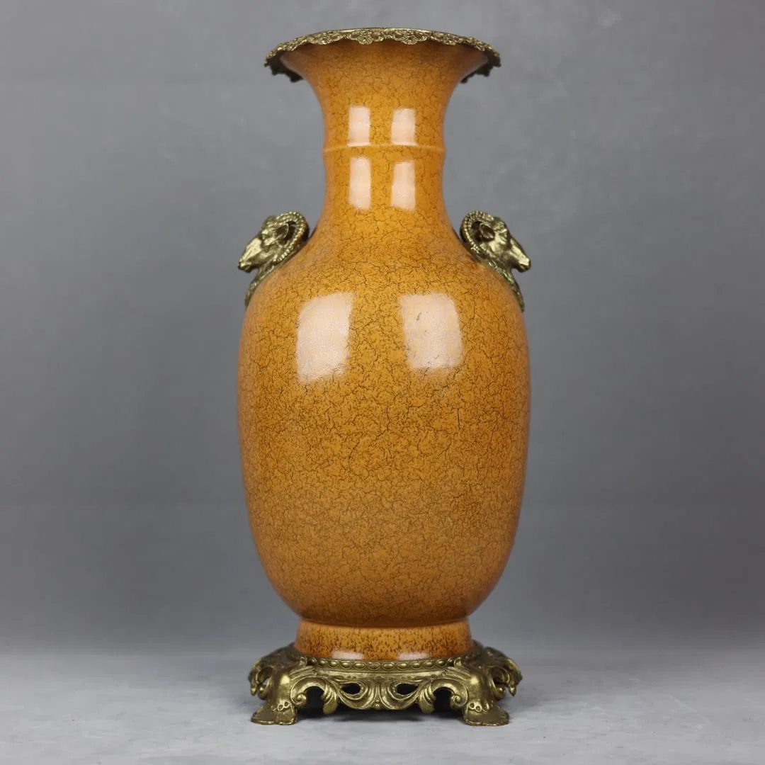 A Huge Yellow Glazed Inlaid Bronze Goat-Ears Vase