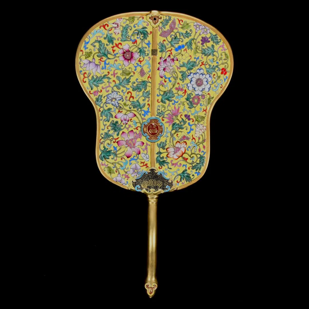A Huge Yellow Ground Enamel Gilding Flower Pattern Fan