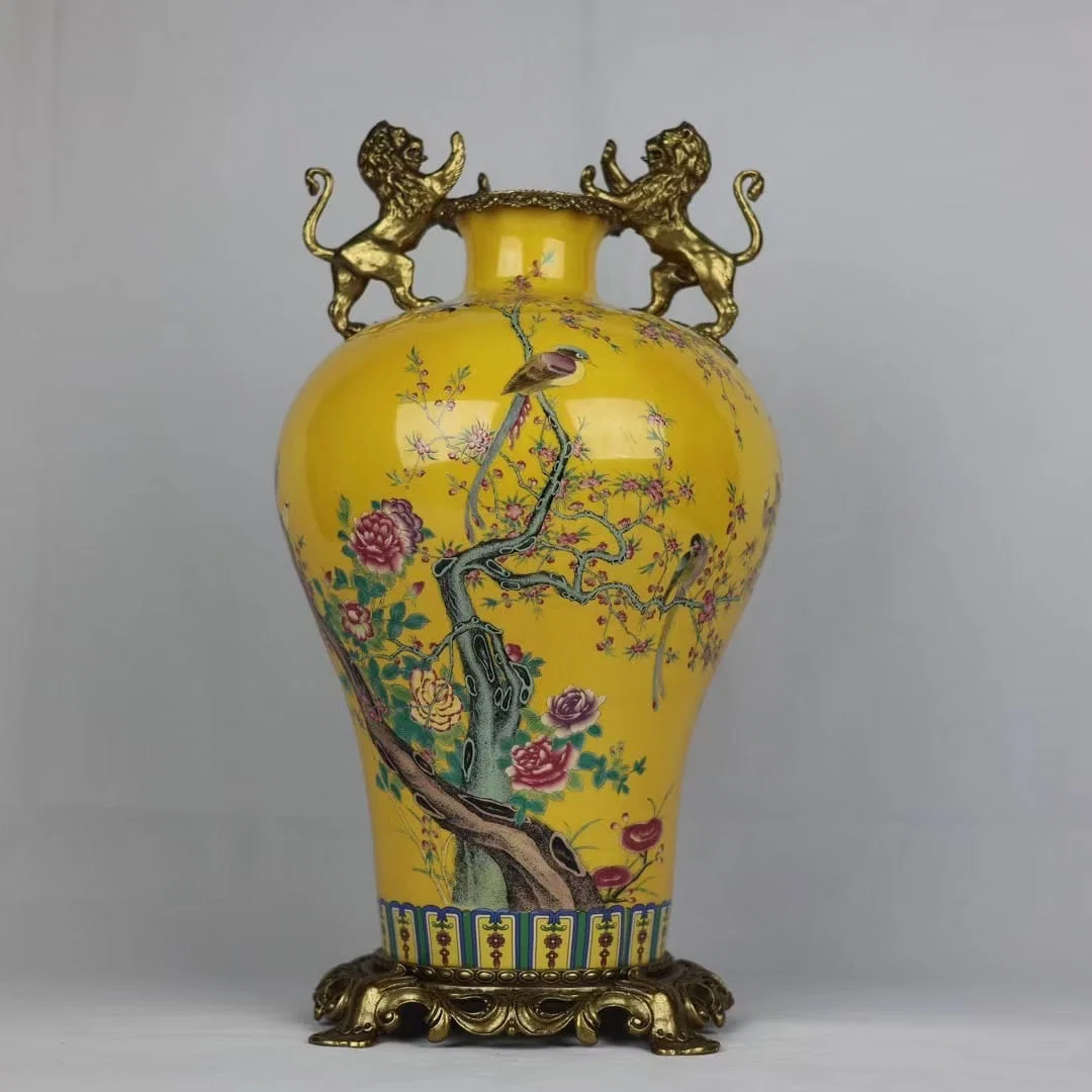 A Huge Yellow Ground Famille-Rose Inlaid Bronze Flower and Bird Pattern Lion-Ears Vase,with poem