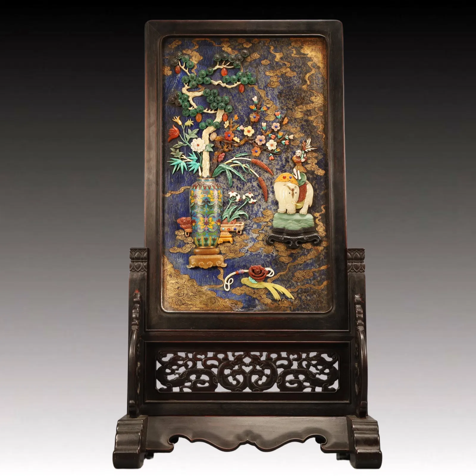 A Huge Zitanwood Inlaid Lapis Lazuli Flower and Elephant Pattern Table Screen,Inlaid Gems,Qing