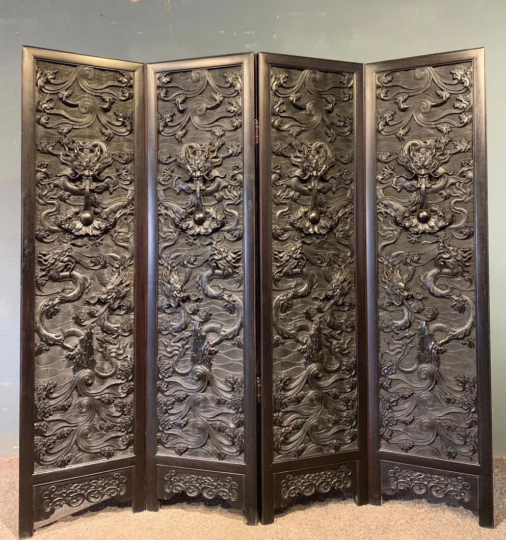 A Huge Zitanwood Seawater and Dragon Pattern Screen