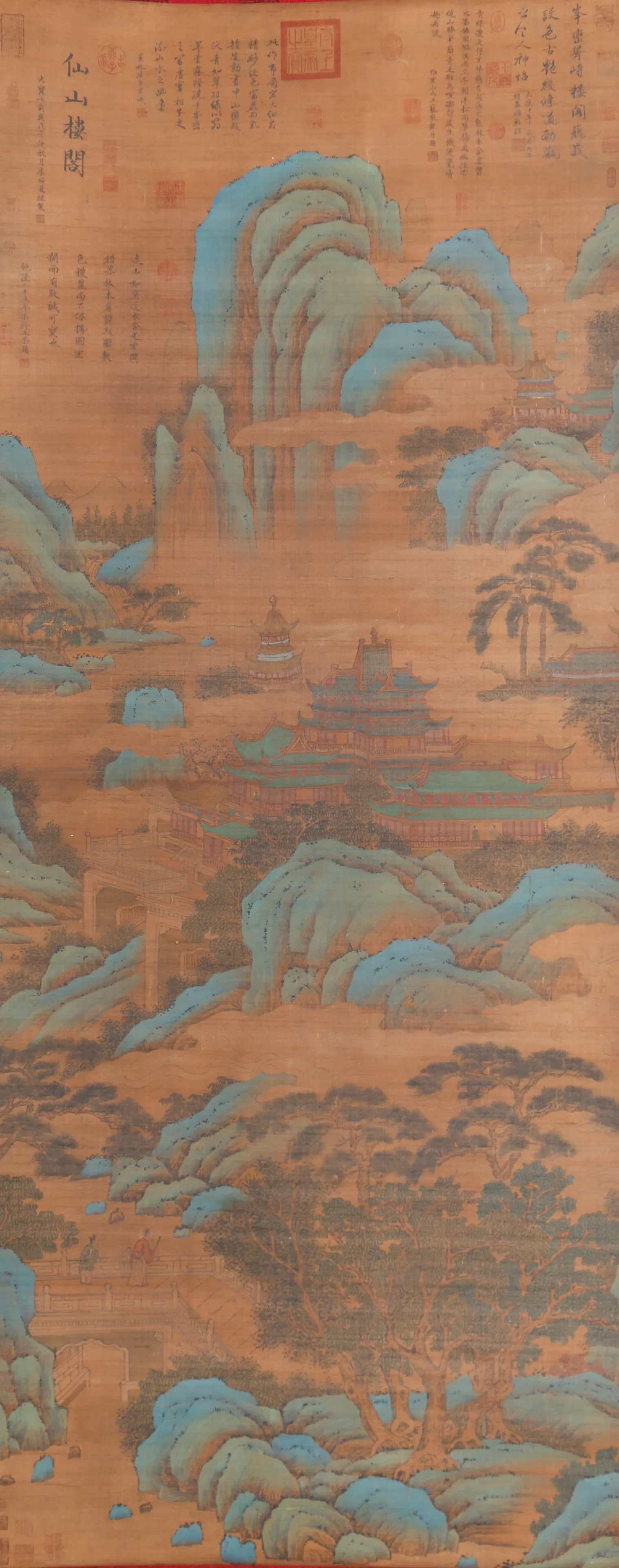 A IMMORTAL MOUNTAINS AND PAVILIONS LANDSCAPE PAINTING ON SILK BY LI ZHAODAO.李昭道