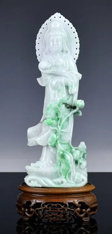 A Jadeite Carved GuanYin Statue w/Std 20thC