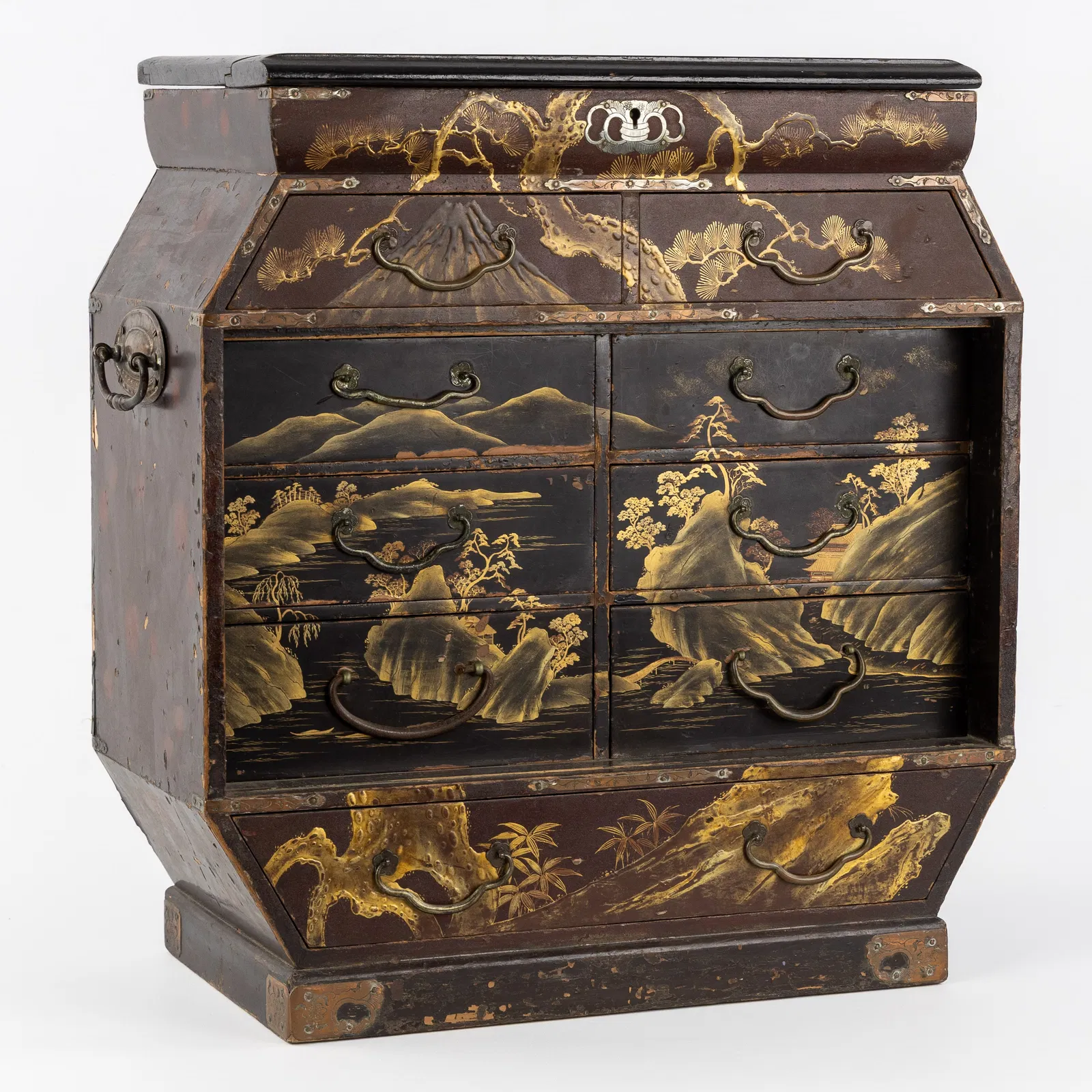 A Japanese lacquerware cabinet, wood and brass fittings, Meiji.