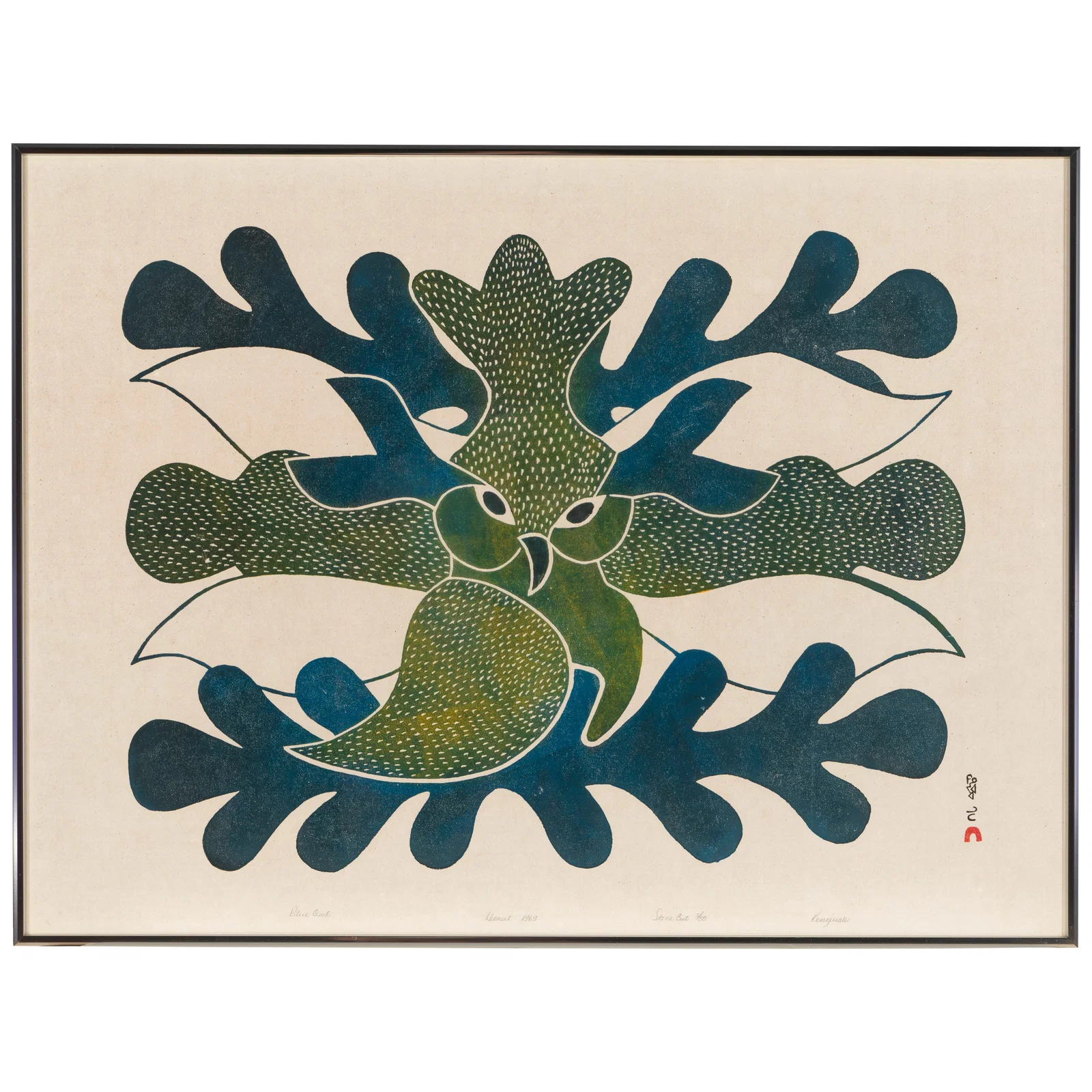A Kenojuak Ashevak stonecut, 'Blue Owl,' 1969