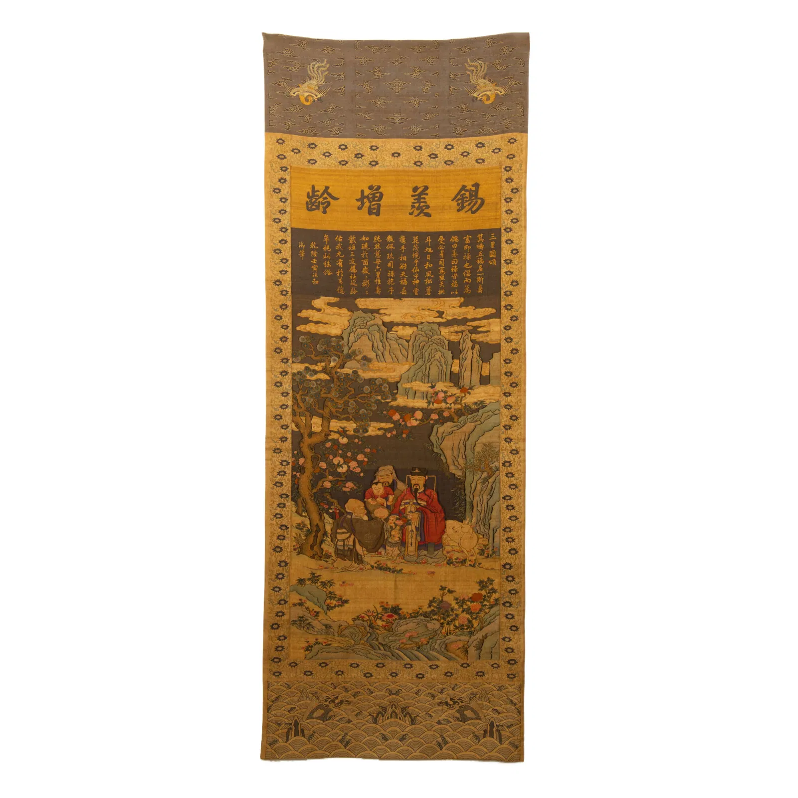 A KESI EMBROIDERED THREE STARS OF GODS HANGING PANEL
