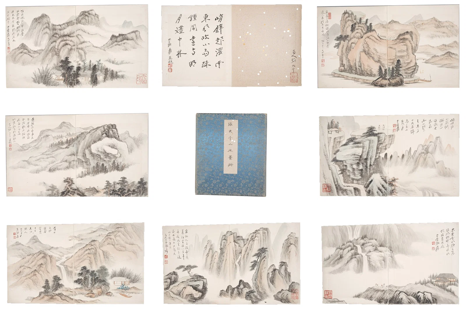 A LANDSCAPE PAINTING ALBUM LEAVES ON PAPER (7 PAGES) BY ZHANG DAQIAN.張大千