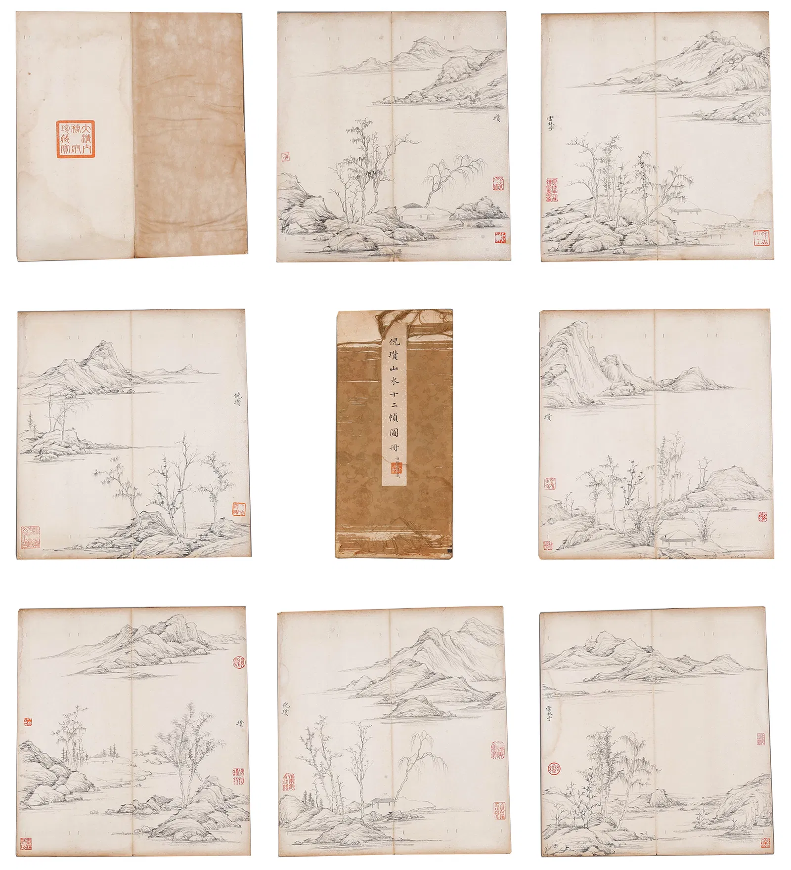 A LANDSCAPE PAINTING ALBUM ON PAPER BY NI ZAN (12 LEAVES).倪瓚