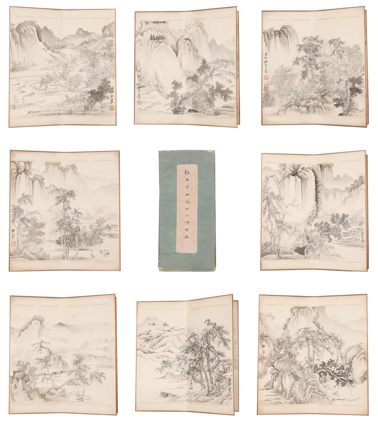 A LANDSCAPE PAINTING ALBUM ON PAPER BY ZHANG DAQIAN (13 LEAVES).張大千