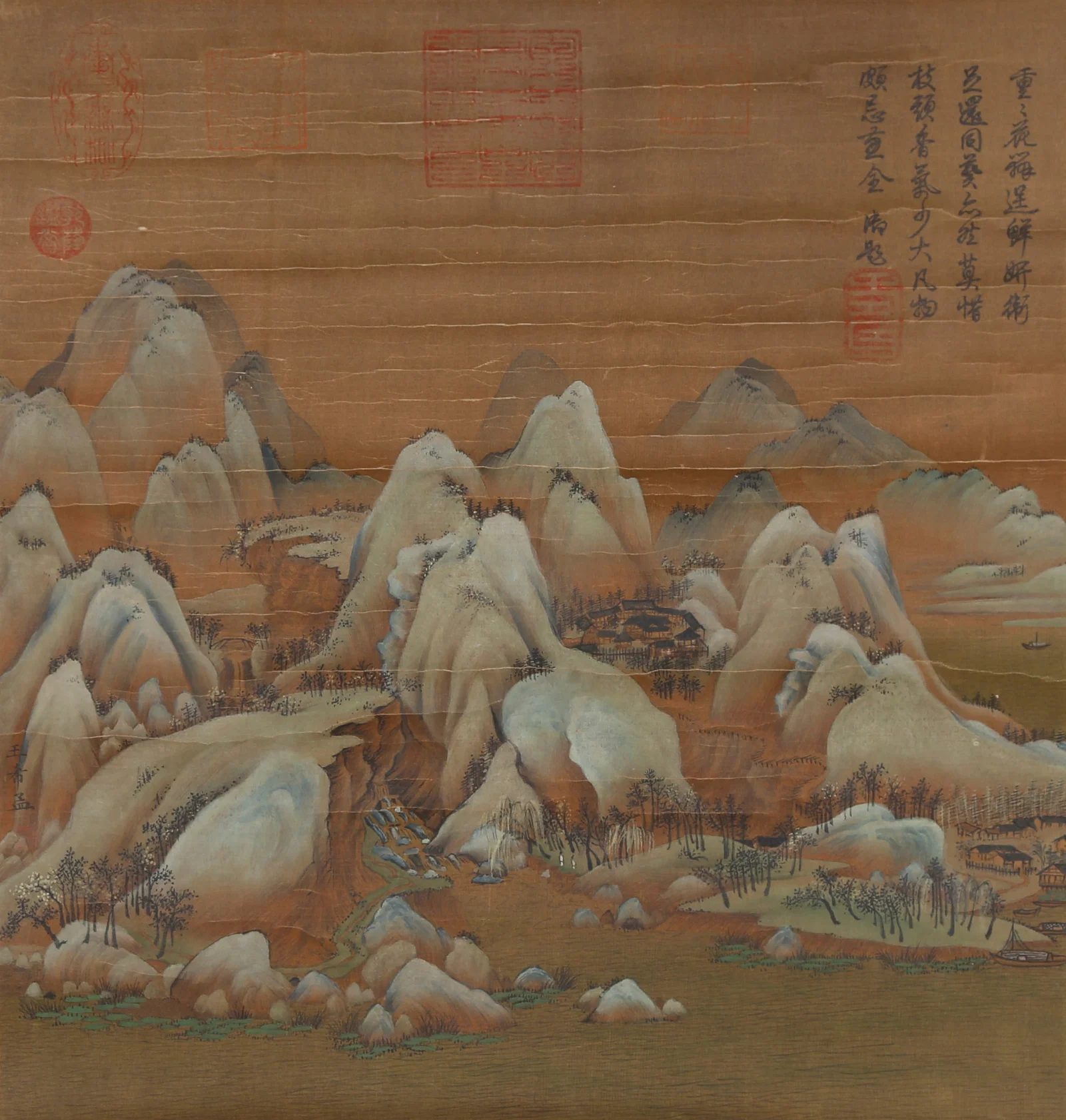 A LANDSCAPE PAINTING ON SILK BY WANG XIMENG.王希孟