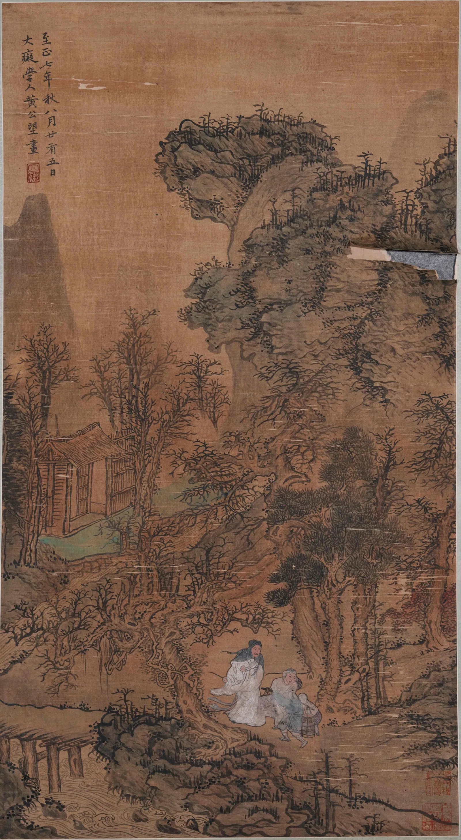 A LANDSCAPE WITH FIGURES PAINTING ON SILK BY HUANG GONGWANG.黃公望