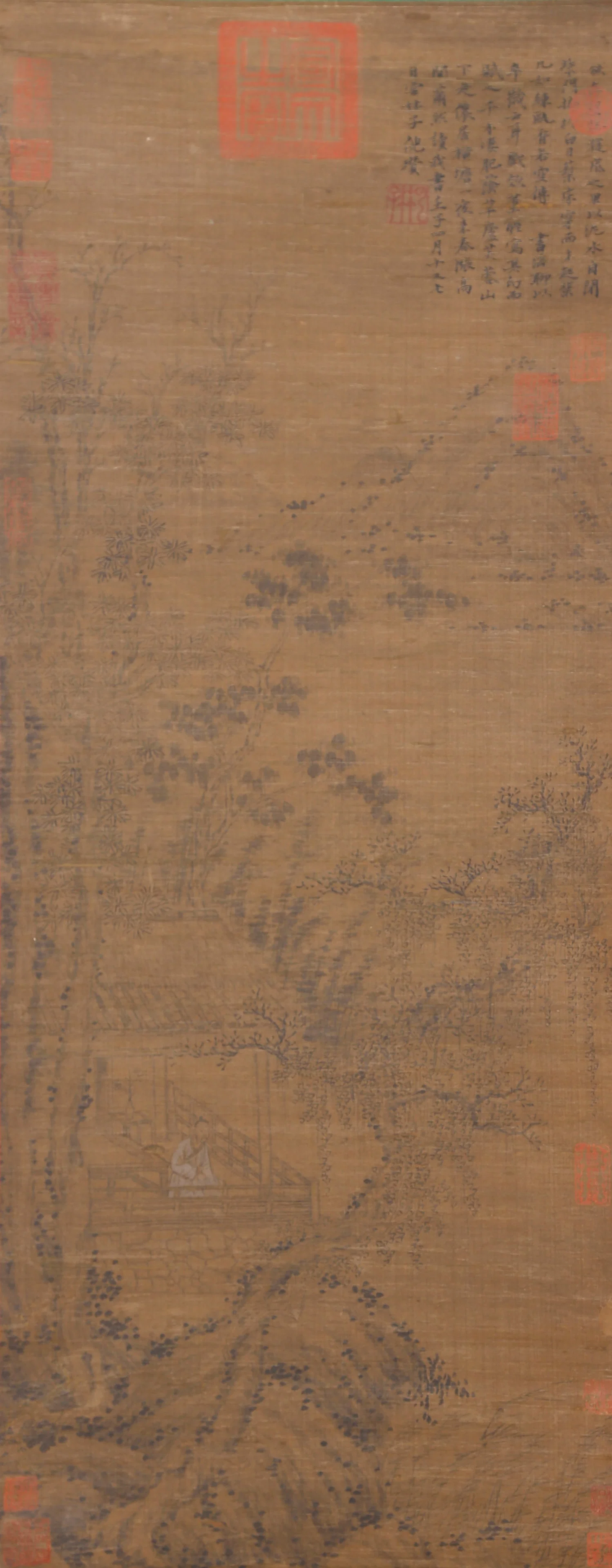 A LANDSCAPE WITH FIGURES PAINTING ON SILK BY NI ZAN.倪瓚