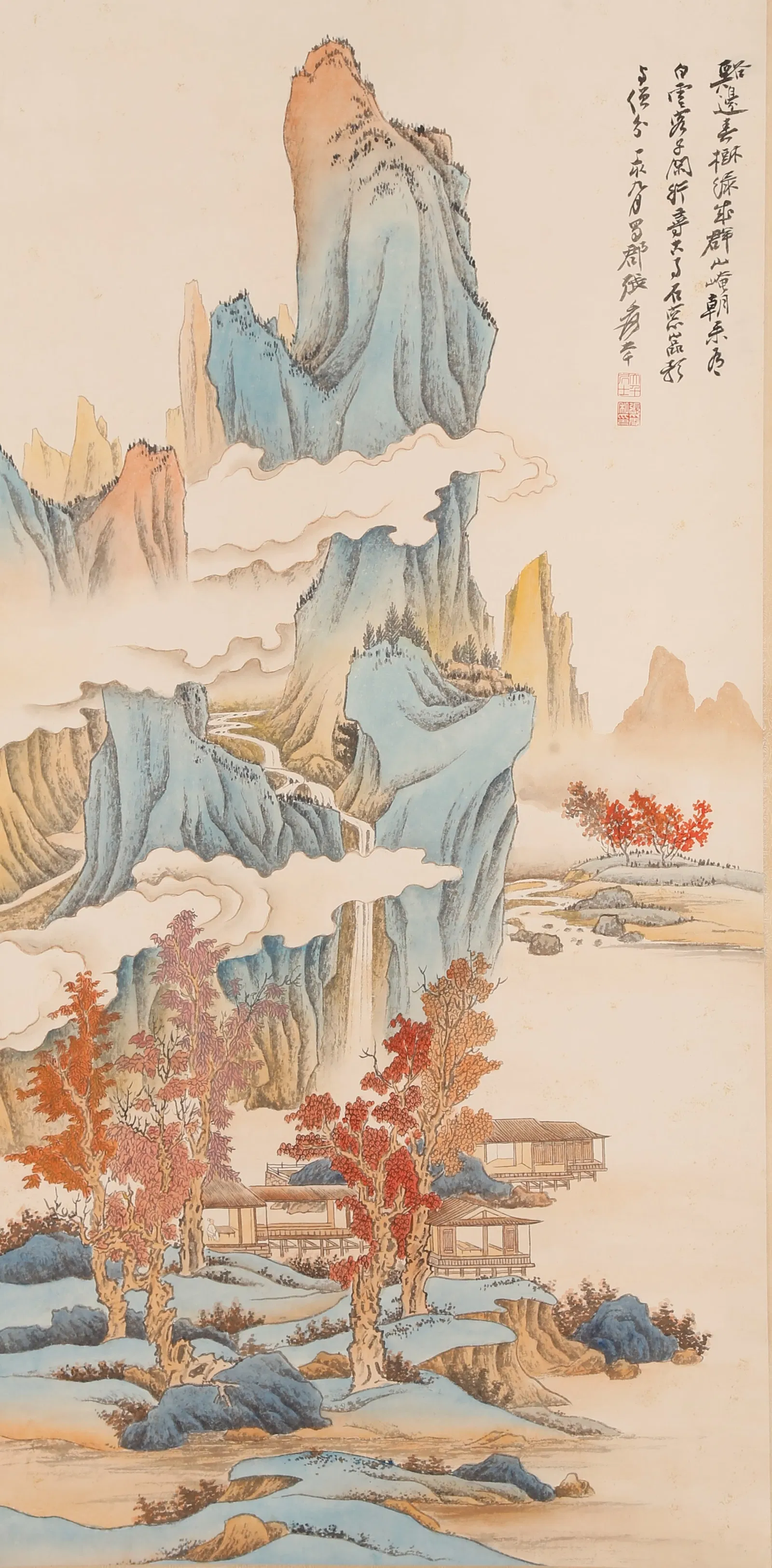 A LANDSCAPE WITH PAVILION PAINTING ON PAPER BY ZHANG DAQIAN.張大千