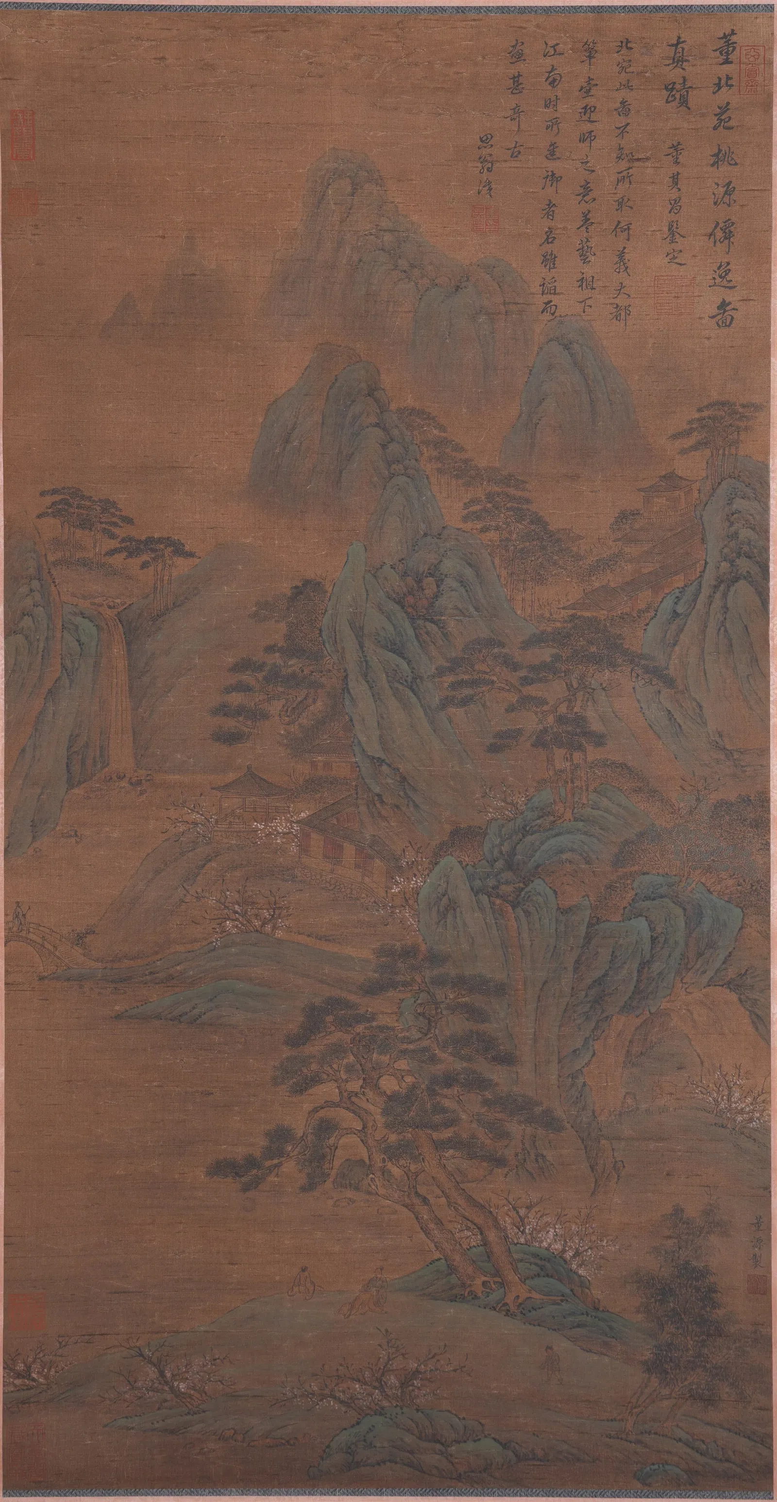 A LANDSCAPE WITH PAVILIONS PAINTING ON SILK BY DONG YUAN.董源
