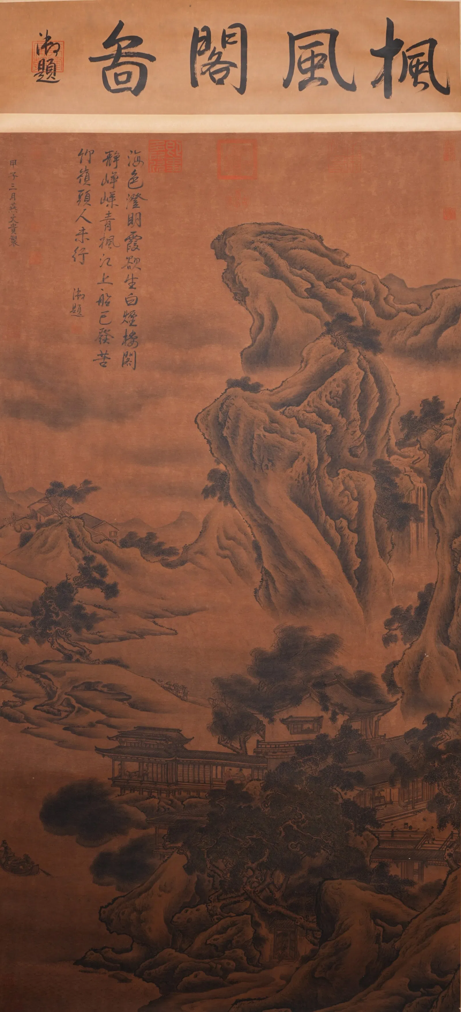 A LANDSCAPE WITH PAVILIONS PAINTING ON SILK BY YAN WENGUI.燕文貴