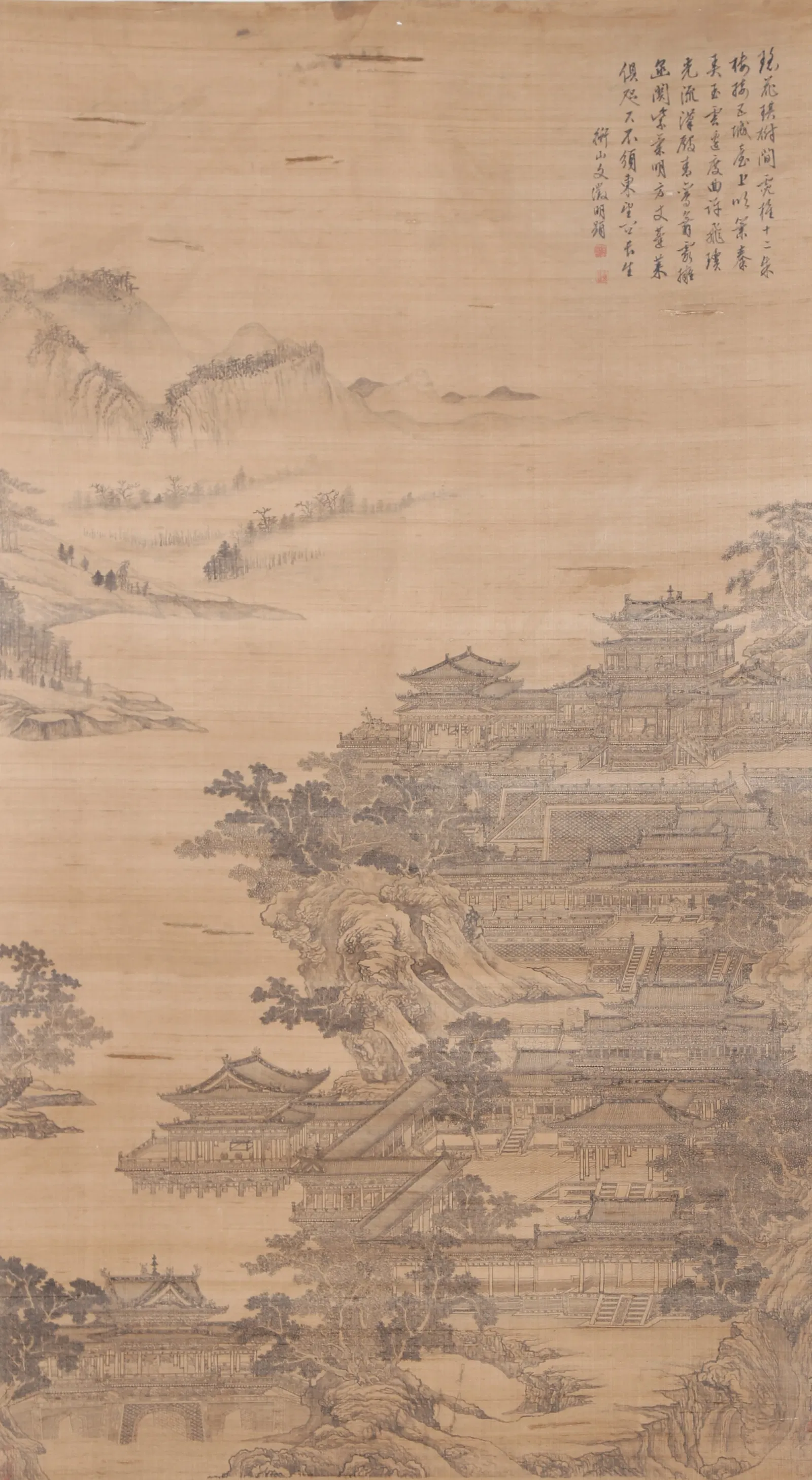 A LANDSCAPE WITH PAVILIONS PAINTING ON SILK BY ZHAO BOJU.趙伯駒