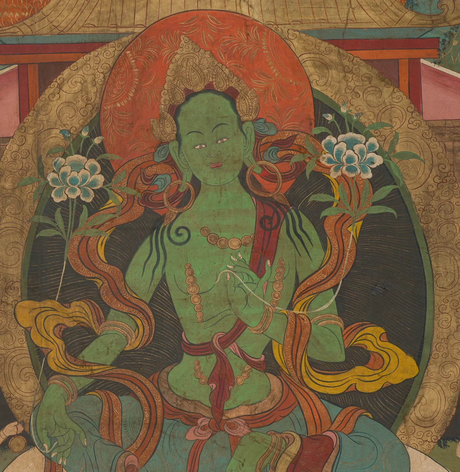 A LARGE (166 x 127 CM) THANGKA DEPICTING THE GREEN TARA OF THE SANDALWOOD FOREST, HIMALAYAN REGION,