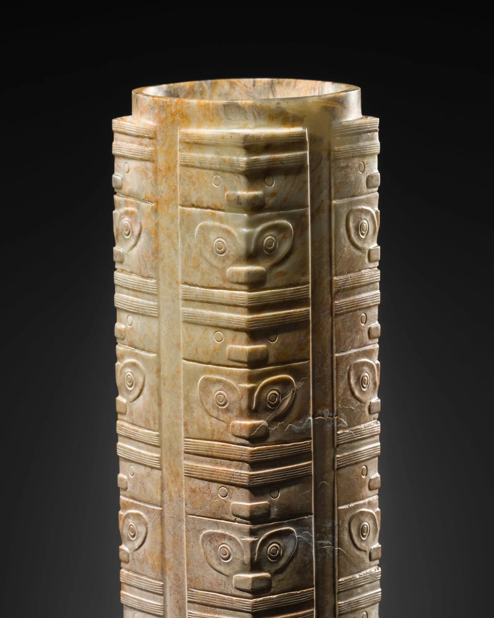 A LARGE AND RARE SEVEN-TIERED JADE CONG, NEOLITHIC PERIOD, LIANGZHU CULTURE